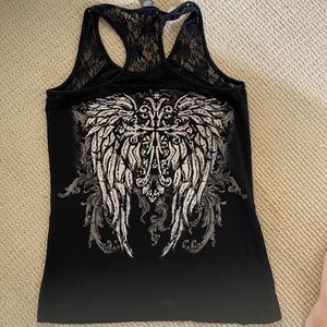 Rhinestone lace black biker tank xl angel wings